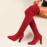 Breakj And Winter New Large Size Over The Knee Boots High Heel Sharp Head Solid Color Long Barrel Side Zipper Shoes Elastic