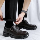 Breakj Vintage Round Head Cloth Block Carved Men's Fashion Business Casual Leather Shoes Increased Thick Bottom