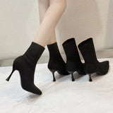 Net Red Thin Skinny Boots Knitted Elastic Boots Women's New Sharp Tips Sexy Fine And High Heel Short