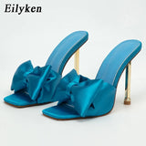 2022 New Arrival Silk Butterfly-knot high heels Women Slippers Sandals Square toe Mule Slippers Slides Party