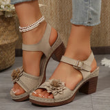 Breakj Large Size High Heel Sandals Large Flower Decoration With A Buckle Thick Heel