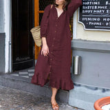 Elegant Button Ruffle Dress Women's Autumn Sundress ZANZEA Casual 3/4 Sleeeve Midi Vestidos Female Solid Robe