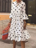 2022 Loose Hem Long Office Chic Dress Women Fashion Polka Dot Print Dress Spring Flare Sleeve Ruffle Pleated Boho A-Line