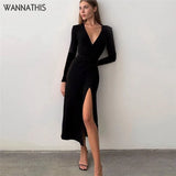 High Split Midi Dresses For Women Deep V Neck Bandage Sexy Autumn Vintage Chic Party Wear Elegant Female Dresses