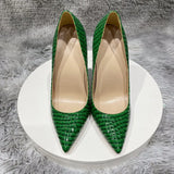 Green Crocodile Effect Women Sexy Pointy Toe High Heel Party Dress Shoes 8cm 10cm 12cm Slip On Stilettos Pumps Plus
