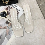 High Heels Elegant Slippers Women New Summer Shoes Woman Metal Buckle Transparent Square Low Heels Mules Shoes Female
