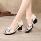 2021 Summer Women's Genuine Leather Shoes Woman Retro Hollow Out Sandals Female Hook & Loop Heels Ladies Platform