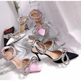 Hot Glitter Rhinestones Women Pumps Crystal bowknot Satin Summer Lady Shoes Genuine leather High heels Party Prom