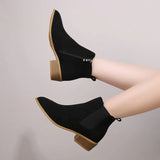 Women's Natural Suede Leather Elastic Patchwork Slip-on Flats Autumn Ankle Boots Square Toe Casual Short Chelsea Boots Shoes