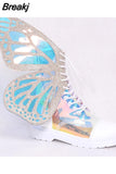 Wings Women Shoes Shine Silver Leather Flat Sneakers Lace Up Women's ankle boots high-top Leisure Platform Shoes