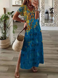 2022 New Casual Holiday Dress Summer Fashion Printed Short Sleeve Loose Dress Women Chic V-neck Split Long Skirt Dress