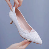 Breakj Simple Lace Flower Wedding Shoes White 5Cm High Heels Wedding Photos Adult Wedding Shoes Wedding