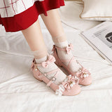 Women Mary Janes Cute Lolita Shoes Classics Ladies Block Low Heel Ankle Strap Dress Pumps Bow Lace Round Toe Spring Summer