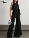 Celmia Holiday O-neck Jumpsuits Fashion Asymmetrical Summer Women Long Rompers Sleeveless Ruffles Casual Wide Leg Pant