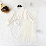 Autumn Winter Women Sweet Two Pieces Suit Knitted Sweater O Neck Sweaters and Dress Set Female