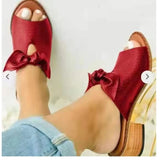 Women Bow Square Heels Slippers Female Simplicity Peep Toe Elegant Shoes Ladies Fashion Leisure Summer Zapatillas