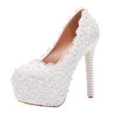 Breakj Lace Heels Wedding Shoes Lace Pearl Shoes Size Fine Heel Waterproof Shoes