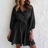 Lady Fashion Lapel Single Breasted Shirt Dress Women Spring Autumn Hot Deals Dress Elegant Drawstring Lace-up Pleated Mini