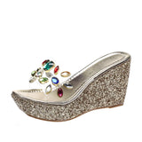 2020 Women Transparent Clear Crystal Sequins Platform Wedge Thick Sole Sandals High Heels Mules Slides Summer Beach