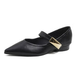 Toe Soft leather mary janes shoes woman ankle strap chunky heel loafers ballet flats metal buckle OL shoes plus size
