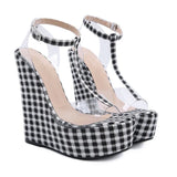 High Heels Sexy Party Shoes Fashion Gingham Thick Bottom Wedges Women Sandals Transparent PVC Ankle Strap Lady Shoes