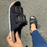 Summer Women Fashion Canvas Cork Slippers Casual Double Buckle Tassel Clogs Slides Non-slip Outside