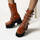 Brand Design Big Size 43 Black Gothic Style Cool Punk Motorcycles Boots Female Platform Wedges High Heels Calf Boots Women