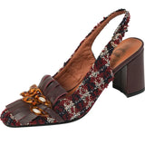Women Pums Spring Autum Thick Square Heeled Sandals Ladies Vintage Pumps Dress Prom Weave Shoes 7.5CM Square Toe Chains