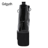 Woman Lace Autumn Boots Womens Ladies Chunky Wedge Platform Black Patent Leather Ankle Boots Punk Goth New Arrival