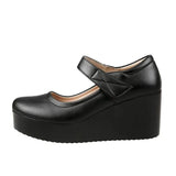 Spring Platform Shoes Wedge High Heels Women's Pumps Black Mary Janes Ladies Strap Leather Work