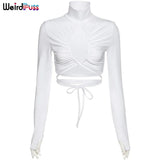 2021 Autumn Women Sexy Hollow Out T-Shirt Drawstring Lace Up Turtleneck Ruched Tops Hot Street Party Clubwear