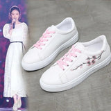Breakj White Shoes Women 2023 Autumn New Flat Plate Shoes Net Red Leisure Anti-Slip Students Embroidered Sports Single
