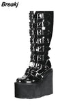 Design Gothic Boots INS Hot Great Quality Fashion Cool Motorcycle Boots Big Size 43 Wedges Heart Platform Mid-Calf