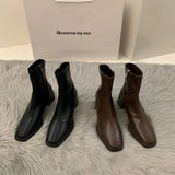 High-Heeled Square Head Thin French Short Boots Women's Shoes 2024 New Spring And Autumn Single Boots Brown Martin