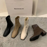 High-Heeled Square Head Thin French Short Boots Women's Shoes 2024 New Spring And Autumn Single Boots Brown Martin