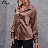 Celmia Women Satin Silk Basic Shirts 2022 Spring Casual Long Sleeve Blouse Elegant Solid Color Lapel Party Tops Fashion