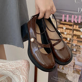 Retro Brown Mary Jane Shoes Women Thick Heels Ankle Buckle Lolita Shoes Woman Uniform Pu Leather Student Shoes