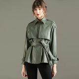 2021 Spring Autumn Lapel Faux Leather Jacket Women Green PU Coat Simplicity Loose Jackets Office Lady Outwear with