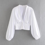 Chic Buttons Slim Waist Cropped Blouses Women 2021 Fashion Puff Sleeve V-Neck Shirts Girls Casual