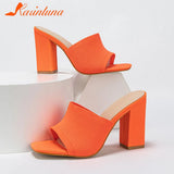 Platform Slipper For Women 2023 New Fashion Chunky Heel Knitted Wool Fashion Mules Sandals Walking Comfy