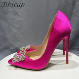 Square Rhinestones Women Rose Silk Satin Sexy Pointy Toe High Heel Wedding Bridal Shoes Elegant Ladies Stiletto