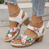 Breakj Cross Band Thick Heel Roman Sandal Summer Flowers Plus Size Velcro Open Toe Mid Heel
