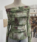Vintage Tie-Dye-Print Mesh Folded Long-Sleeved T-Shirt With A Word-Collar Slanted Shoulder-To-Back Short Top