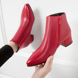 Fashion Women Boots Casual Leather Low High Heels Spring Shoes Woman Pointed Toe Rubber Ankle Boots Black Red Zapatos