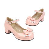 EDEELVEEYS Bow Mary Janes Patent Leather Block Med Heel Pumps for Women Rockabilly Shoes Lolita Fashion Vintages Maid