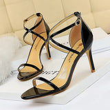 Breakj Fashion Banquet Women's Shoes Ultra High Heel Heel Open Toe Painted Leather Cross Strap Sexy Nightclub
