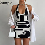 Knitted Halter Sweater Dress Women Sexy Party Club Sleeveless Y2K Print Mini Wrap Dress 2021 Autumn Backless
