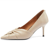 Pointed Toe Pumps Natural Genuine Leather Women Shoes High Heels Pleated Stiletto Heel Dress Footwear Female Spring