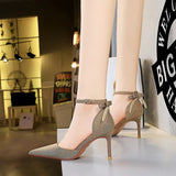 Breakj Hollow High Heels Fine Heel High Heel Shallow Pointed Hollow Out One Word Belt Back Bow