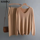 lazy oversize Sweater suit dress women casual loose sweater +straight skirt with pocket feamle sweater set